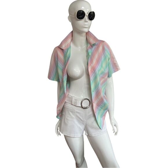 KILLER Vintage 1970s Pastel Rainbow Stripe Button Down Blouse - Picture 10 of 11